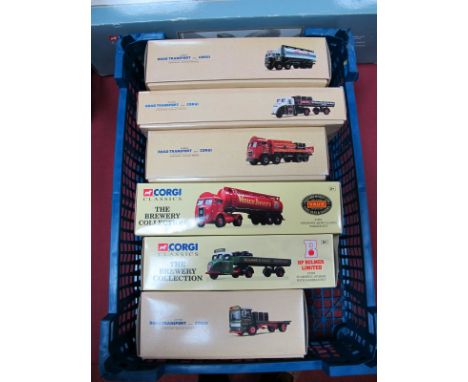 Six Boxed Corgi 1:50th Scale Diecast Lorries, #97317 Foden Flatbed with barrels and chains 'Scottish and Newcastle', #97372 A