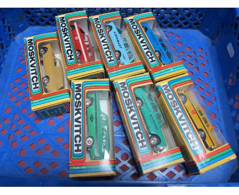 Seven Window Boxed Russian Moskovitch 1:43rd Scale Diecast Lada Cars, all different, including Aeroflot all box fresh, boxes 
