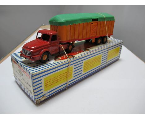 A Boxed Original French Dinky #368 Willeme Tractor and Closed Trailer, red tractor, orange semi-trailer removable green plast