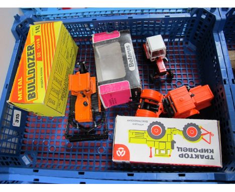 Two Boxed Russian Made Construction Vehicles and Tractor, all 1:43rd scale. diecast bulldozer DZ-1098. Articulated heavy trac