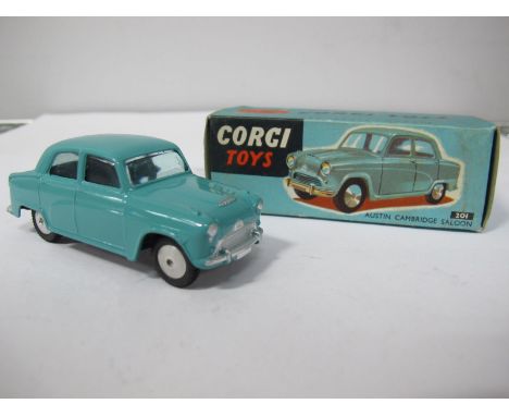 A Boxed Original Corgi #201 Austin Cambridge Saloon, turquoise blue body, silver details, flat spun hubs, model very good plu