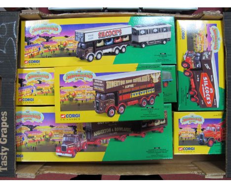 Six Boxed Corgi 1:50th Scale Diecast Showman's Range Sets, #15901 Scammell Highwayman generator with closed pole and dodgem t