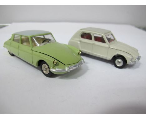 An Original French Dinky #530 Citroen DS 19, lime green body, light grey roof, unusual cream interior for this colourway jewe