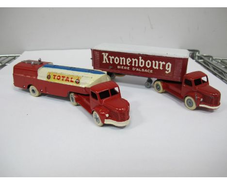 Two J.R.D. Miniature (France) Berliet Articulated Lorries, one red tractor, with red/white/blue tanker 'Total'. Chipping to r