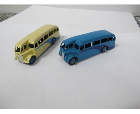 Two Original Dinky #29E Single Deck Buses, one mid blue body and raised hubs, dark blue flash, the other, cream body, light b
