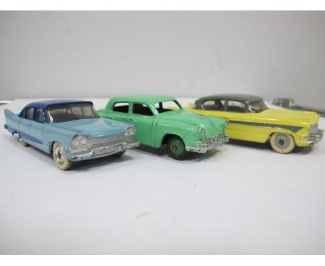 Three Original Dinky Cars #178 Plymouth Plaza, light blue body, dark blue roof and flash, spun hubs, mottled base, #172 Stude
