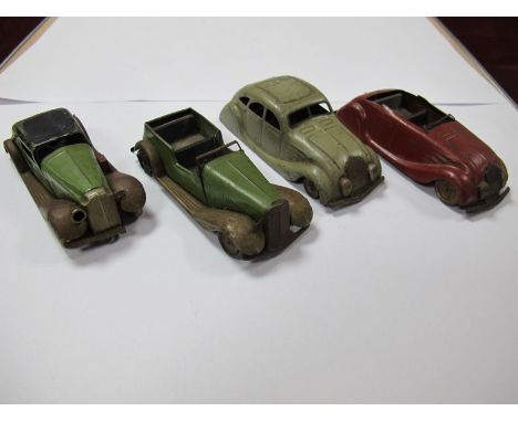 Four Pre-War Tri-ang Minic Tin Plate Clockwork Cars, #19m 2nd series Vauxhall Cabriolet in green with petrol can. #8m Tourer 