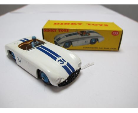 A Boxed Original Dinky #133 Cunningham C5R Road Racer, white body, dark blue stripes, R.N.31, blue hubs, brown interior, blue