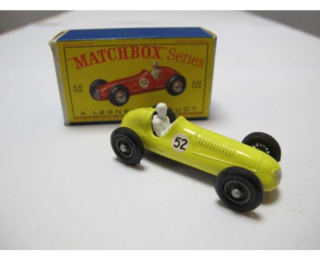 Matchbox 1-75 No. 52 1948 Maserati, lemon body/wire wheels/ R/No. 52. Very good plus. Boxed very good.