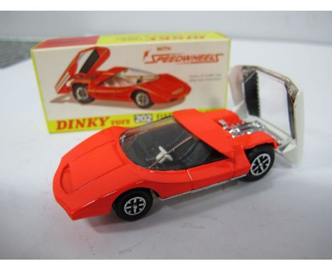 A Boxed Original Dinky #202 Fiat Abarth 2000, fluorescent red body, white engine cover, speedwheels, model near mint, slight 