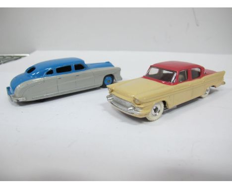 Two Original Dinky Cars #171 Hudson Commodore Sedan, light grey lower body, mid blue upper body and hubs, and #180 Packard cl
