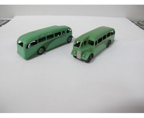 Two Original Dinky #29E Single Deck Buses, one light green body, dark green flash, black ridged hubs, the other, light green 