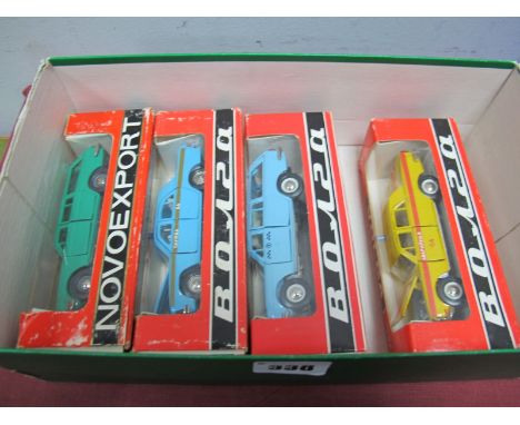 Four Boxed Russian Volga Novoexport 1:43rd Scale Diecast Cars, all different, all box fresh boxes with some rubbing. 