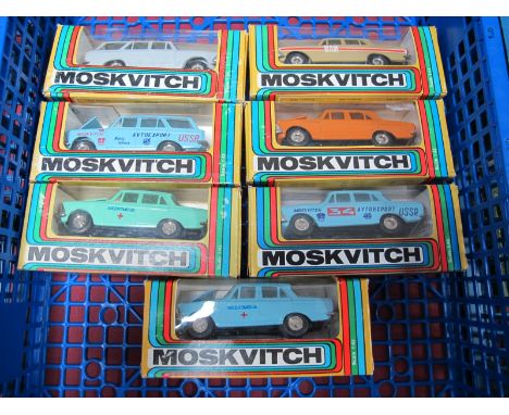 Seven Window Boxed Russian Moskovitch 1:43rd Scale Diecast Lada Cars, all different, including police car, all box fresh, box