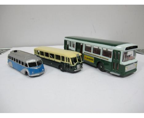 Three Original French Dinky Diecast Buses  #29E Autocar, blue/silver, blue hubs, ridged roof, #29D Somua painted Paris bus, d