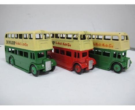 Three Original Dinky Double Deck Buses, #29c third type Leyland Titan grill, green lower deck and hub, cream upper 'Dunlop th