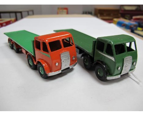 Two Original First Type Dinky #502 Foden Trucks, one dark green cab and back, silver flash, black chassis, dark green hubs, n