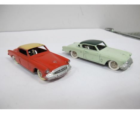 Two Original French Dinky #24Y Studebaker Commander Coupes, one light green body, dark green roof, the other, orange body, ta