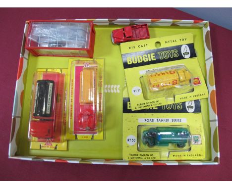 Five Cased and Bubble Packed Small Scale Vehicles, Mini Dinky #18 Mercedes-Benz 230SL, two EKO (Spain plastic tanker lorries)