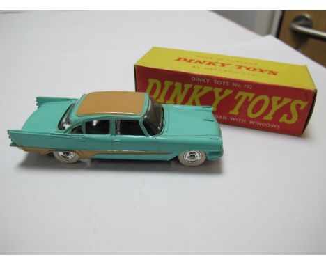 A Boxed Original Dinky #192 De Soto Fireflite Sedan, with windows. Turquoise body, light tan roof/flash, spun hubs, gloss bla