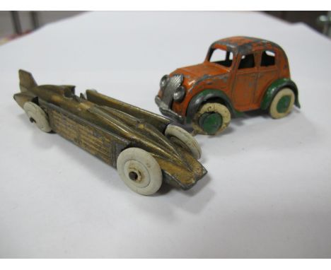 A Pre-War Taylor and Barratt Die Cast and Tin Plate Singer Airstream Car, in orange and green. With a Johillco 'Golden Arrow'