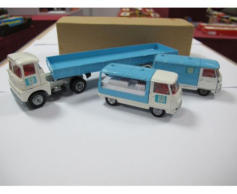 Three Original Promotional Corgi Co-op Vehicles Articulated Scammel Tractor, with flatbed trailer with sides. Near mint with 