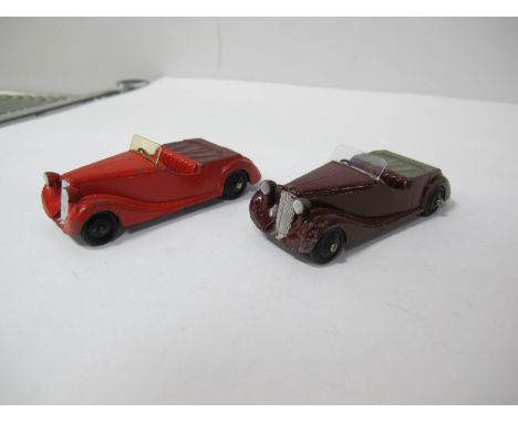 Two Original Dinky #38B Sunbeam Talbot Sport Cars,  one red body, maroon Tonneau, original windscreen, black ridged hubs. The