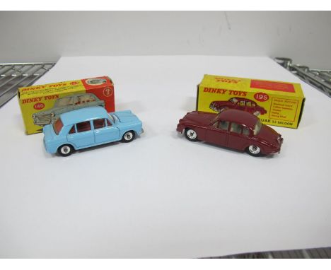 Two Boxed Original Dinky Cars #195 Jaguar 3.4 Saloon, maroon body, white interior, spun hubs, model fair, small factory paint