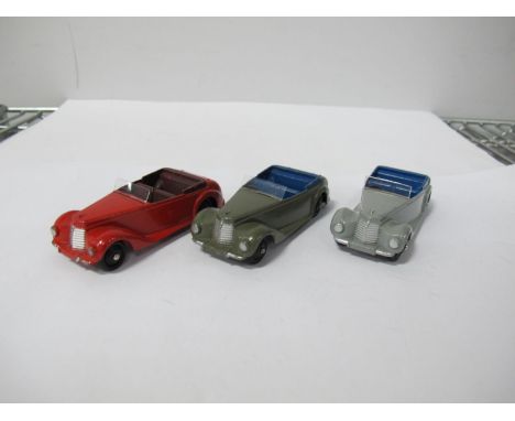 Three Original Dinky #38E Armstrong Siddely Coupe's, one light grey body, dark blue seats, ridged black hubs, original windsc