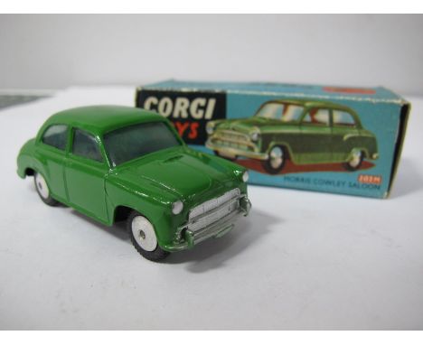 A Boxed Original Corgi #202M Morris Cowley Saloon, with flywheel motor, mid green body, flat spun hubs, model is near mint, b