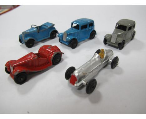 Five Original Pre-War Dinky Thirty Five Series 'Small Motor Cars', #35D Austin Seven Tourer in light blue with wire windscree