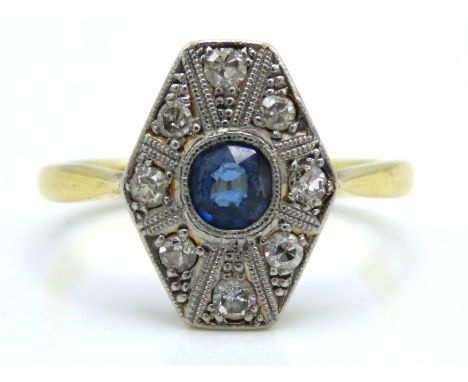 An art deco 18ct gold ring set with sapphire & diamond, sapphire 4mm diameter, 3.4g, size M