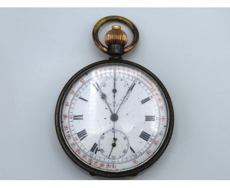 A steel chronograph pocket watch with outer early tachymeter track for racing and written 'Miles Per Hour from 1/4 Mile Dista