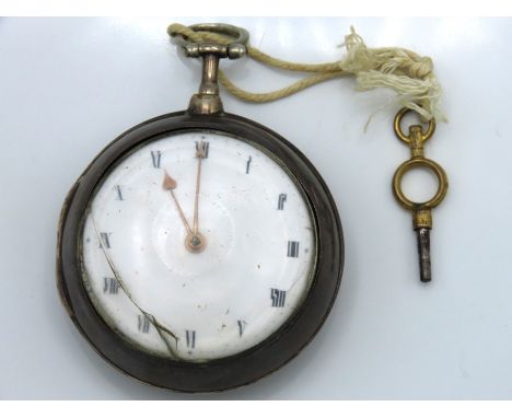 An 18thC. silver verge pocket watch with fusee movement & outer case, glass cracked, winds & runs, some crazing to bottom rig