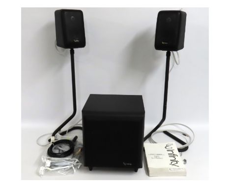 An Infinity speaker set comprising a Subwoofer SSW-10 & a pair of Infinity Infinitesimal 4 speakers with stands (one foam rep