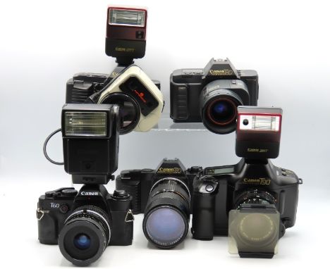 Five Canon 35mm film cameras: T50 & manual with Series I Sunagor MC Close Focus 80-205mm lens - serial no. 1022393, T60 with 