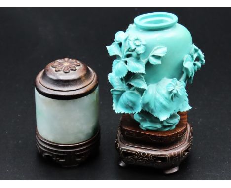 A Chinese jade thumb ring with hardwood base & carved top twinned with a finely carved Chinese turquoise snuff bottle, lackin