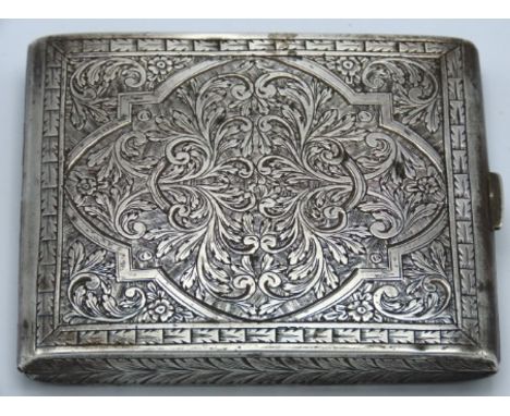 An Italian .800 silver cigarette case with Florentine scrolling, faults to inside, 95mm x 77mm, 96.4g