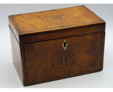 An early 19thC. Regency period tea caddy with bone escutcheon, initialled to top 'AH', 193mm wide x 115mm deep x 125mm high