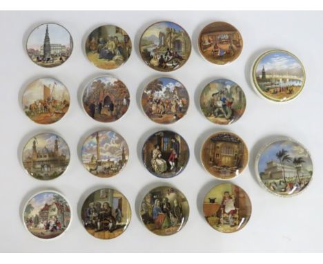 Eighteen 19thC. Prattware pot lids including The Grand International Building of 1851 - Exhibition of Art & Industry of All N