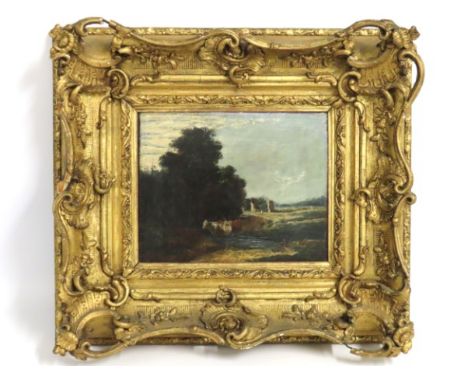 In the style of John Constable (1736-1837), an oil on canvas depicting a landscape, trees, river cattle & windmills set in pe