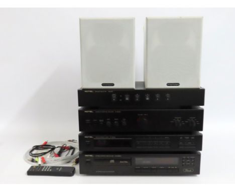 A four piece Rotel HIFI system with RA-960BX stereo integrated amplifier, RT-950BX AM/Fm stereo tuner, RCD-965BX stereo compa