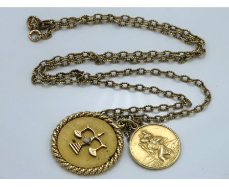 A 9ct gold chain 750mm long, & 9ct gold pendants, one St. Christopher & one Libra scales set with opal, 34.2g