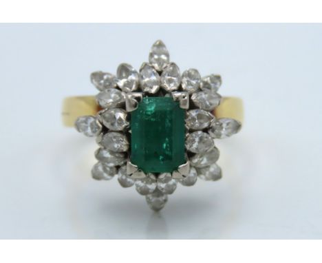 A 14ct gold art deco ring set with emerald, possibly Columbian & 24 marquise cut diamonds in excess of one carat, emerald mea