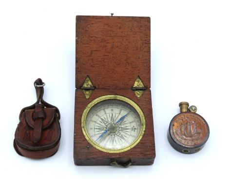 A trench art lighter, a small leather coin pouch 'Chile' twinned with an early 20thC. cased compass