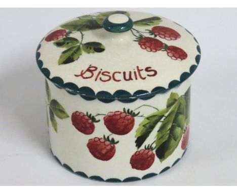 A Wemyss signed biscuit jar with lid, faint hairline, some crazing, marked T. Goode & Co. to base, 115mm tall x 130mm wide