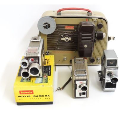 A Brownie 8mm movie camera, a Bell & Howell Autoset , a Brownie 8-58 projector, lacking cover & a Brownie movie camera no.2