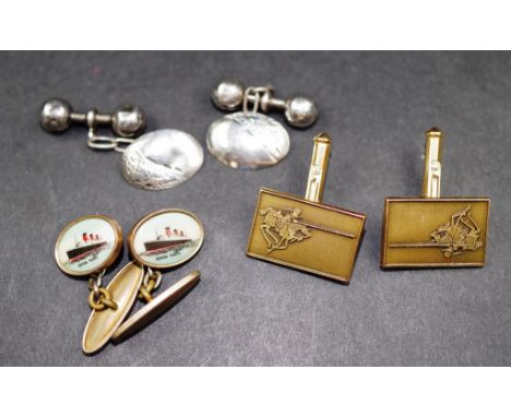 Three pairs of vintage cufflinks including a pair of engraved sterling silver, a pair of Queen Mary ship, and one other