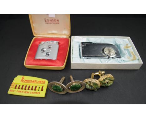 Two vintage lighters including Ronson and Martin 38, together with two pairs of vintage cufflinks