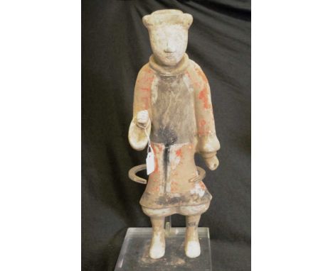 Chinese ceramic warrior figure standing ceramic figure, on fitted plexiglas stand, (height 44cm approx).